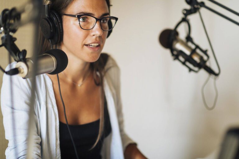 podcast concept female host in podcasting studio